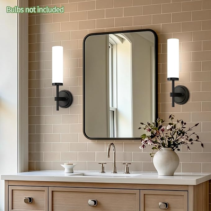 MOKATNG [Hardwired] Wall Sconces Set of Two, Matte Black Bathroom Sconces with Milky White Glass, Modern Wall Light Fixtures for Bathroom Mirror Vanity, Living Room, Hallway, Stairway, Cabinet, Foyer