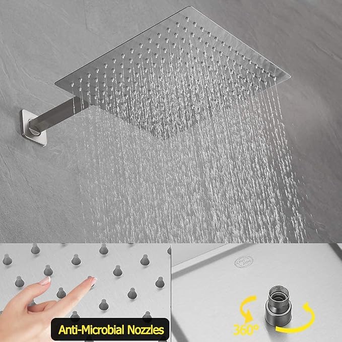 Brushed Nickel Rain Shower System Tub Shower Faucet Set 12 Inch Square Rainfall Shower Head with Handheld Sprayer and Tub Spout Rough-in Valve Shower Mixer Combo Kit