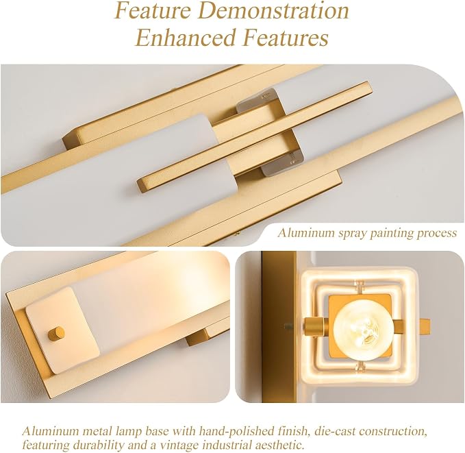 VitaLink Gold Vanity Light, 24” Modern Bathroom Wall Light Over Vanity Mirror 2-Light Hardwired Milky White Glass Wall Light for Bedroom Living Room Dining Room Hallway