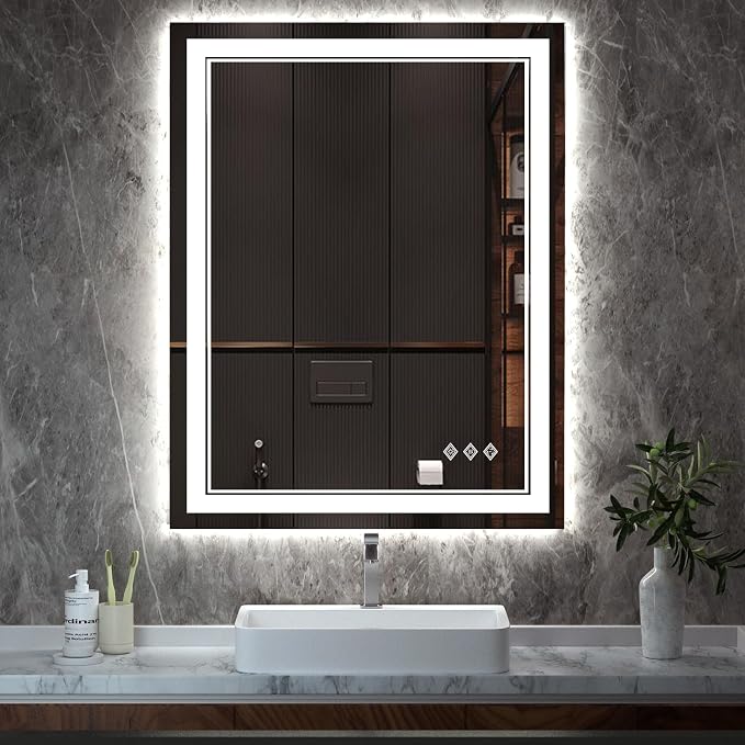 LED Mirror, 28x36 Inch Gradient Front and Backlight Lighted Mirror, 3 Colors Dimmable CRI>90 Double Lights, IP54 Enhanced Anti-Fog, Hanging Plates Wall Mount LED Bathroom Mirror