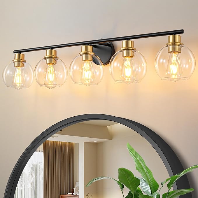 Bathroom Light Fixtures Over Mirror 5-Lights Bathroom Vanity Light with Clear Globe Glass Shade 37.4 inch Modern Black and Gold Vanity Lights Wall Sconce Lighting for Bath