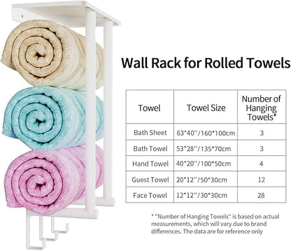 Towel Rack with Shelf and 3 Hooks, Bethom Towel Holders for Bathroom Wall Mounted, Metal White Towel Racks can Hold 3 Large Bath Sheets Blanket