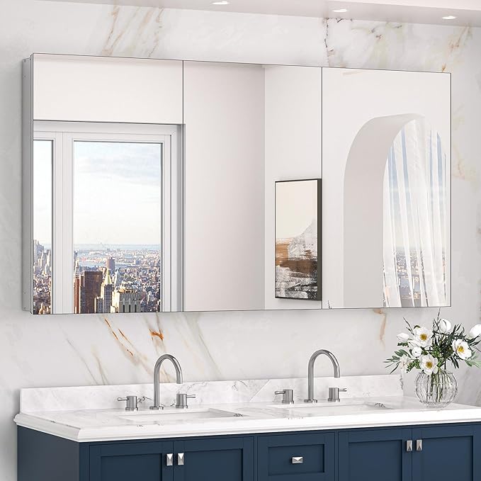 Keonjinn 60 x 32 Inch Large Medicine Cabinet Mirror, Safe Tempered Glass | Assembly Required, Lightweight Aluminum, Adjustable Shelves, Surface Mount or Recessed, Soft Close DTC Hinges, Silver