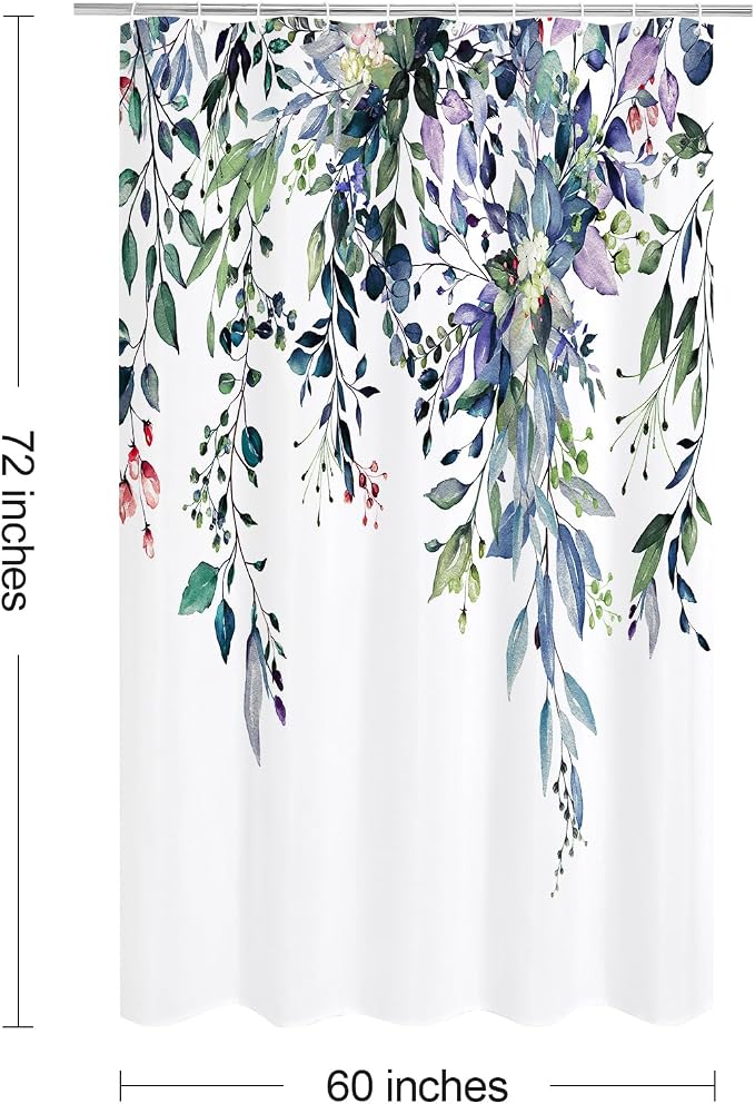 Green Eucalyptus Shower Curtain, Watercolor Floral Print, 60x72 | Watercolor Plant Leaves Floral Print, Stall Waterproof Fabric Bathroom Decor, Machine Washable, Rustproof Grommets