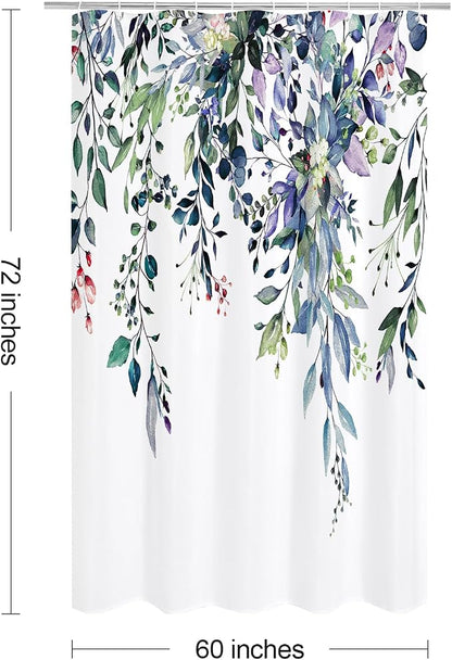 Green Eucalyptus Shower Curtain, Watercolor Floral Print, 60x72 | Watercolor Plant Leaves Floral Print, Stall Waterproof Fabric Bathroom Decor, Machine Washable, Rustproof Grommets