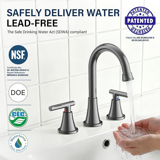 Bathroom Faucet 3 Hole, Brushed Grey Faucets with Drain and Supply Lines | Hurran Stainless Steel Lead-Free Widespread Bathroom Sink Faucet for Vanity RV Restroom Laundry Outdoor Utility Sink