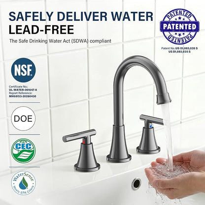 Bathroom Faucet 3 Hole, Brushed Grey Faucets with Drain and Supply Lines | Hurran Stainless Steel Lead-Free Widespread Bathroom Sink Faucet for Vanity RV Restroom Laundry Outdoor Utility Sink