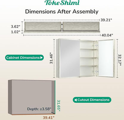 TokeShimi 40 x 32 Bathroom Mirror Cabinet, Assembly Required, Nickel Recessed Medicine Cabinet with Mirror, Steplessly Adjustable Shelves, Beveled Aluminum Frame, Tempered Glass