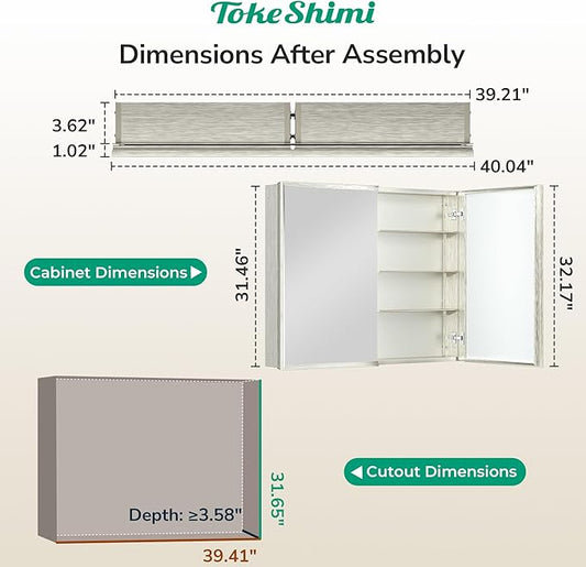 TokeShimi 40 x 32 Bathroom Mirror Cabinet, Assembly Required, Nickel Recessed Medicine Cabinet with Mirror, Steplessly Adjustable Shelves, Beveled Aluminum Frame, Tempered Glass
