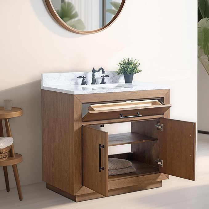Vanity Art 36 inch Bathroom Vanity with Sink, Vanity Cabinet with Doors and Removable Shelf, Modern Wood Cabinet with White Marble Top, Solid Wood Frame, Ceramic Sink VA70-36-T-E