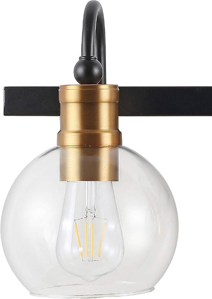 JONATHAN Y 21.5" Black/Brass Gold Vintage Wall Sconce, LED Vanity Light for Bathroom Bedroom Entryway, Clear Glass Globe Shade, Modern Industrial Arched Lamp, LED Bulb Included (JYL3528A)