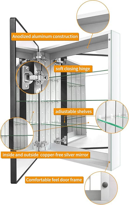 Aluminum Bathroom Medicine Cabinet with Farmhouse Black Framed 16x26 Inches Recess or Surface Mount Mirror Cabinet for Bathroom Toilet Kitchen