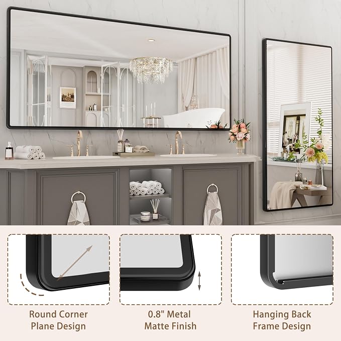 pertetey 77 x 36 in Rounded Rectangle Bathroom Mirror | Black Metal Frame, Tempered Glass, Wall Mounted