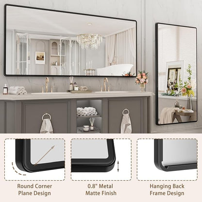 pertetey 77 x 36 in Rounded Rectangle Bathroom Mirror | Black Metal Frame, Tempered Glass, Wall Mounted