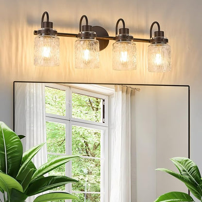 4 Lights Bathroom Vanity Light, Oil Rubbed Bronze Bathroom Light Fixtures with Hammered Glass Lampshade for Dressing Table,Over Mirror,Hallway