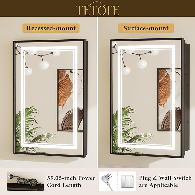 TETOTE Black Lighted Medicine Cabinet with Tempered Glass Mirror 16 x 24 Black Metal Led Recessed Medicine Cabinet for Bathroom with Lights and Storage, 3 Color Dimming, Anti-Fog, 2 Outlets