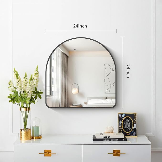 FORBATH Arched Bathroom Mirror 24x24 Inch, Black Bathroom Mirror Wall Mounted Modern Aluminum Alloy Frame Arch Mirror for Bedroom Living Room Entryway, Hanging or Leaning Against Wall
