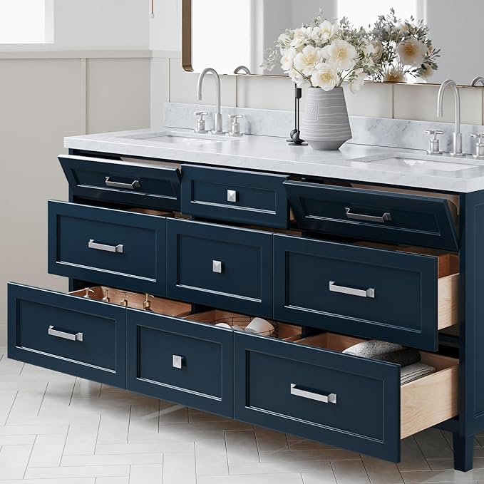ARIEL Monroe 72-inch Bathroom Vanity with Sink,Solid Wood, 1.5-inch Italian Carrara Marble Countertop & Backsplash, Double Oval Porcelain Sink, 9 Dovetail Drawers, Brushed Nickel, Midnight Blue