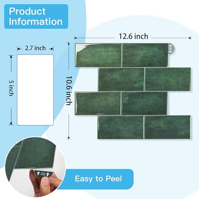 Art3d Faux Ceramic Tile Peel and Stick Backsplash, 10-Pack, Dark Green | 12.6 x 10.6 in, Thickened Design, Heavy-Duty, Strong Adhesive, for Kitchen, Bedroom, Countertop Decor, Ideal for Home Upgrade