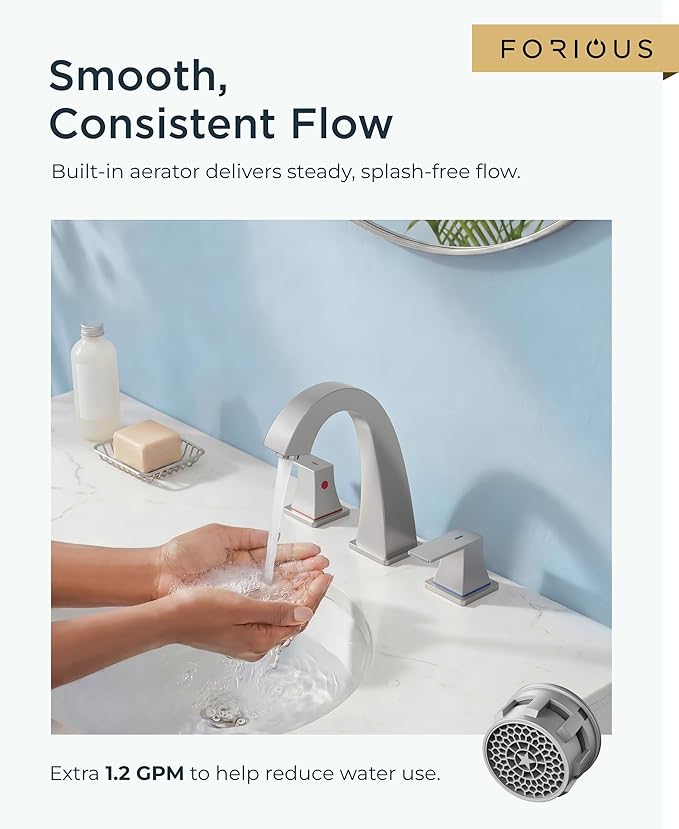 FORIOUS Bathroom Faucets 3 Hole, Brushed Nickel Bathroom Sink Faucet for Vanity with Pop-up Drain and Supply Lines, Lead-Free 8 Inch Widespread Faucet for 3 Hole Sink