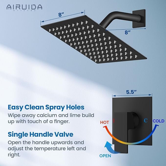 Airuida Matte Black Shower Faucet Set,8 Inch Shower Valve Kit | Square Showerhead,Female Thread Rough-in Valve,Bathroom Rain Shower System,Single Function Handle
