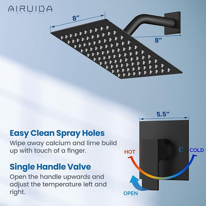 Airuida Matte Black Shower Faucet Set,8 Inch Shower Valve Kit | Square Showerhead,Female Thread Rough-in Valve,Bathroom Rain Shower System,Single Function Handle