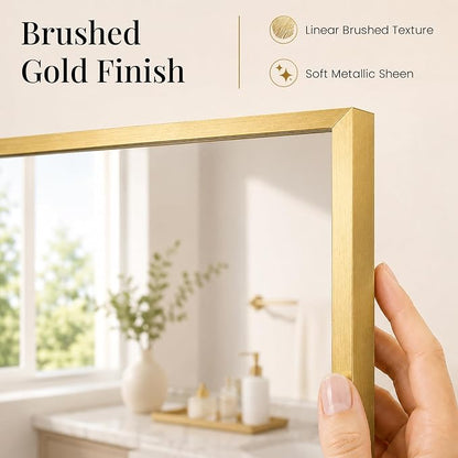 48"x30" Brushed Gold Large Framed Bathroom Vanity Wall Mirror | Large Vanity Wall Mirror, Slim Metal Frame, Dresser or Sideboard Use, Vertical/Horizontal Mount, Tempered Glass