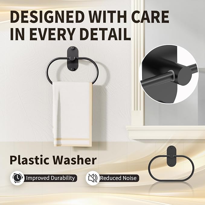 5-Piece Bathroom Hardware Set, Adhesive or Drill Wall Mount, Black | Adjustable Towel Bar, Toilet Paper Holder, Towel Ring, 2 Towel Hook, 304 Stainless Steel Bathroom Accessories Set