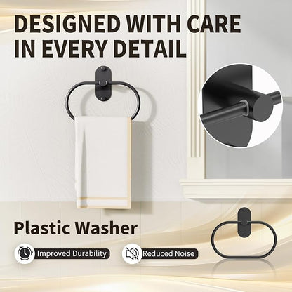 5-Piece Bathroom Hardware Set, Adhesive or Drill Wall Mount, Black | Adjustable Towel Bar, Toilet Paper Holder, Towel Ring, 2 Towel Hook, 304 Stainless Steel Bathroom Accessories Set