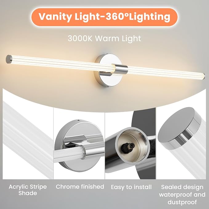 Bathroom Vanity Lights 39" Long LED Vanity Light Bar Chrome | 360° Bright Bathroom Lights, Dimmable Vanity Light, Hardwired Wall Light 3000K Warm White for Mirror
