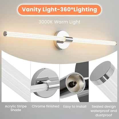 Bathroom Vanity Lights 39" Long LED Vanity Light Bar Chrome | 360° Bright Bathroom Lights, Dimmable Vanity Light, Hardwired Wall Light 3000K Warm White for Mirror