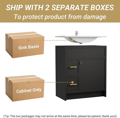 30 Inch Freestanding Bathroom Vanity with Sink, Shaker Style Black Cabinet with 2 Drawers & Single Door, Waterproof Lacquer Finish, Space-Saving for Small Bathroom & Apartment