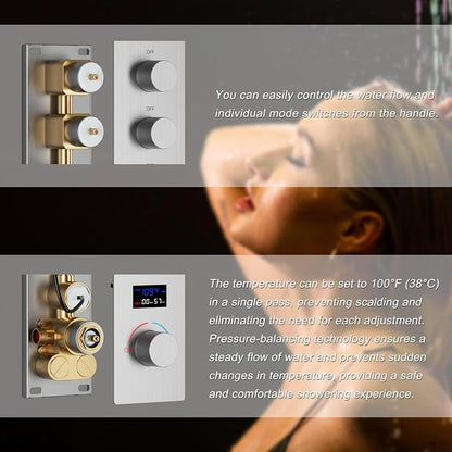 3 Functions Shower Head System Brushed Nickel Shower Faucet Set | 16X26 inch Ceiling Shower, 6 Body Jet, Handheld Shower, Temperature Display, 5 Functions Can All Run Together