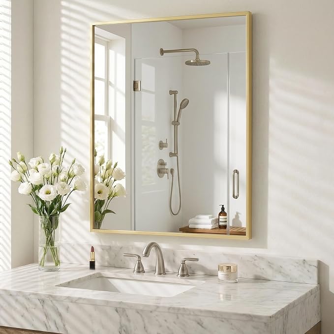30"x36" Satin Gold Framed Rectangle Bathroom Vanity Wall Mirror | Over-Sink Vanity Mirror, Slim Metal Frame, Entryway or Dresser Use, Vertical/Horizontal Mount, Tempered Glass