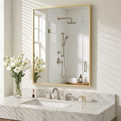 30"x36" Satin Gold Framed Rectangle Bathroom Vanity Wall Mirror | Over-Sink Vanity Mirror, Slim Metal Frame, Entryway or Dresser Use, Vertical/Horizontal Mount, Tempered Glass