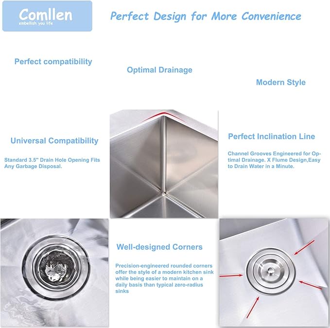 Comllen 28 Inch Undermount Kitchen Sink, 28x18 Inch Undermount 18 Gauge Stainless Steel Deep Kitchen Sinks, Brushed Nickel Single Bowl RV Laundry Utility Sink