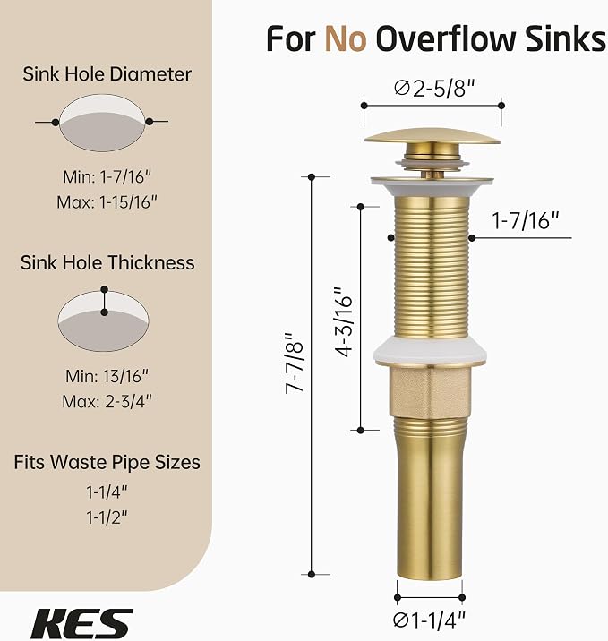 KES Sink Drain without Overflow Anti Clogging Pop Up Drain with Strainer Bathroom Sink Drain Assembly Brushed Gold, S2013D-BZ