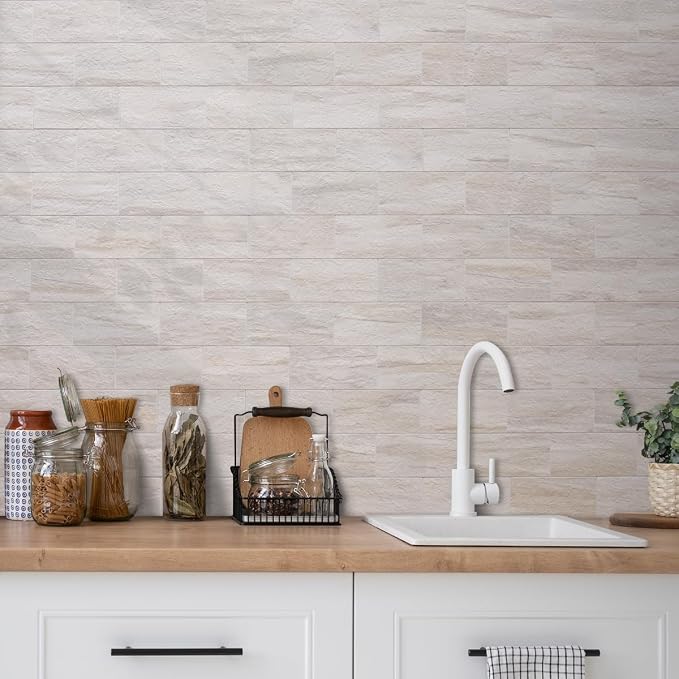 AULIGET 100-Piece Beige Slate Peel and Stick Backsplash Wall Tiles, 3" x 6" PVC Faux Stone Stick on Tile for Backsplash Kitchen, Bathroom, Laundry Room, Camper, Fireplace