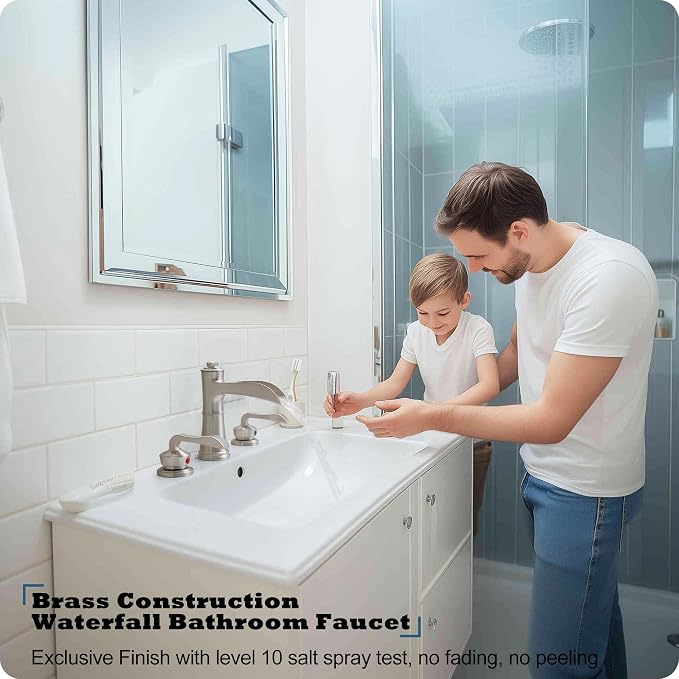 Widespread Bathroom Faucet, 4-16 Inch Brushed Nickel Waterfall Bathroom Faucets Solid Brass Sink Faucet Bathroom Vanity Faucets 3 Hole 2 Handle with Supply Water Hoses Pop-up Drain