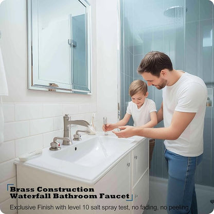 Widespread Bathroom Faucet, 4-16 Inch Brushed Nickel Waterfall Bathroom Faucets Solid Brass Sink Faucet Bathroom Vanity Faucets 3 Hole 2 Handle with Supply Water Hoses Pop-up Drain