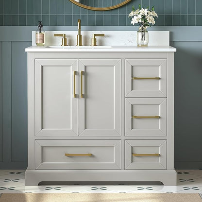36 Inch Bathroom Vanity with Sink Combo, Solid Wood Frame with Mable Top &Backspalsh, Fully-Assembled with Soft-Closing Doors & 4 Drawers, Greige
