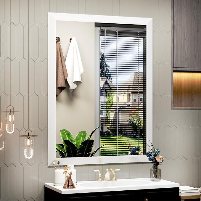 SMIROR 26x36 Matte White Bathroom Vanity Mirror for Over Sink | Metal Wide Frame, Rectangle, Right- Angle Corner, Anti-Rust, Horizontally or Vertically Wall- Mounted for Home Remodel