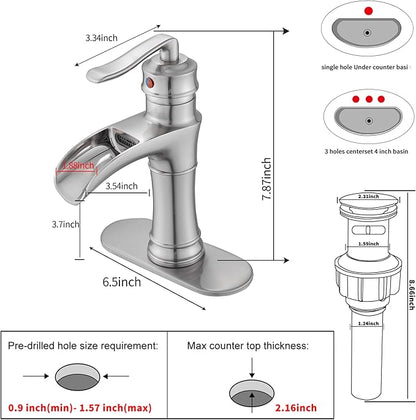 Waterfall Bathroom Faucet Brushed Nickel GGStudy Single Handle One Hole Farmhouse Bathroom Vanity Faucet Basin Mixter Tap Deck Mount with Drain Assembly