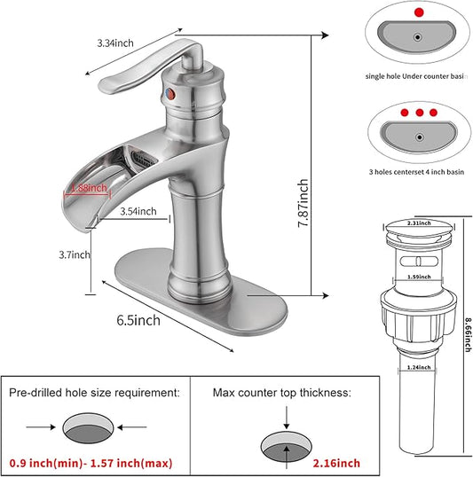 Waterfall Bathroom Faucet Brushed Nickel GGStudy Single Handle One Hole Farmhouse Bathroom Vanity Faucet Basin Mixter Tap Deck Mount with Drain Assembly