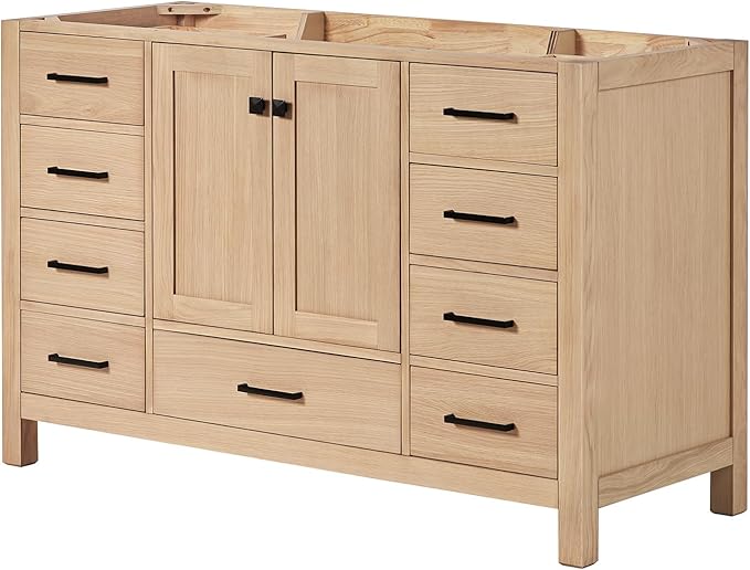ARIEL Cambridge 54-inch Bathroom Vanity Base Cabinet,Solid Wood, 2 Soft Closing Doors, 9 Dovetail Drawers, White Oak