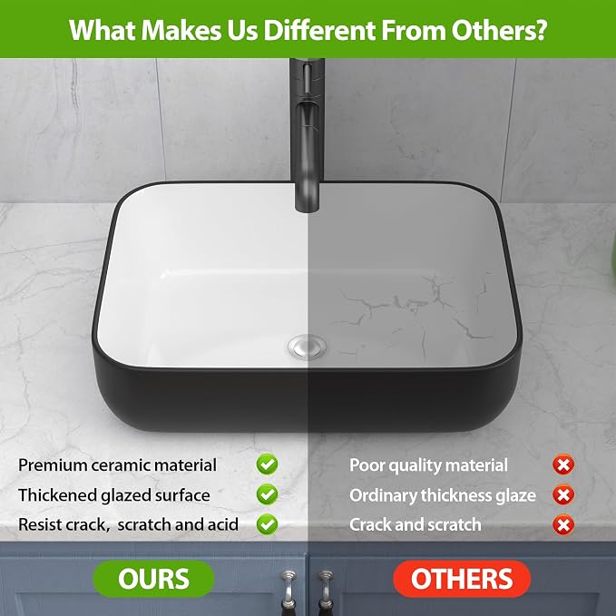 20x15 inch Rectangular Vessel Sink Above Counter Bathroom Sink | Black and White Bathroom Vessel Sink Above Counter Ceramic Porcelain Bathroom Vanity Sink Art Basin