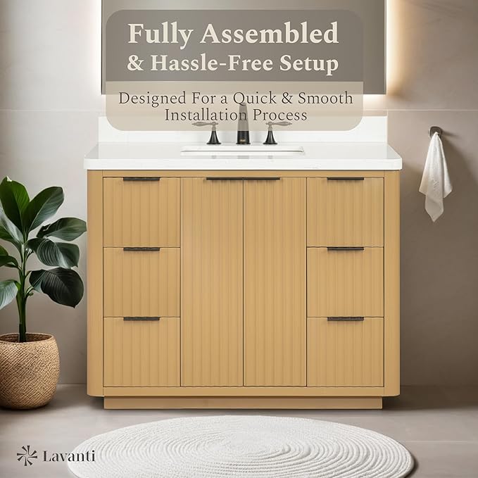 Lavanti Wooderna 42 Inch Bathroom Vanity with Sink – Stylish Firwood Oak Vanity Bathroom with Storage Cabinet – Modern Bathroom Vanities with Single Vanity Sink & Quartz Countertop