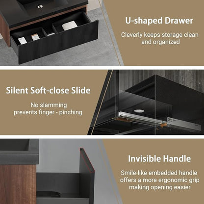 36 Inch Floating Bathroom Vanity with Sink, Modern Black Wall Mounted Floating Vanity with Scratch-Resistant Quartz Sand Basin, Soft Closing Drawers, Fully Pre Assembled Bathroom Vanity