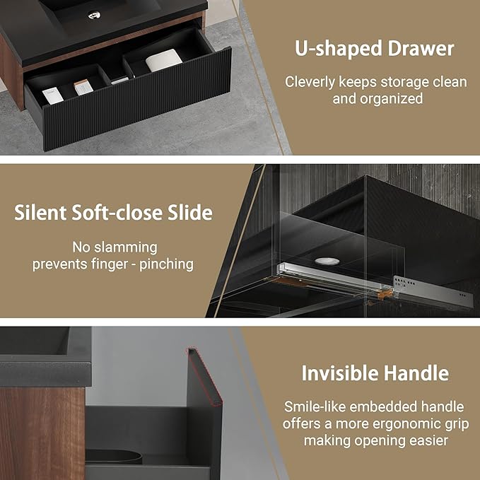 36" Floating Bathroom Vanity with Sink, Wall-Mounted Smoked Walnut Storage Cabinet, Wave-Textured Soft-Close Drawer & Matte Black Quartz Sand Basin