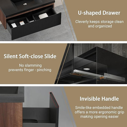 36" Floating Bathroom Vanity with Sink, Wall-Mounted Smoked Walnut Storage Cabinet, Wave-Textured Soft-Close Drawer & Matte Black Quartz Sand Basin